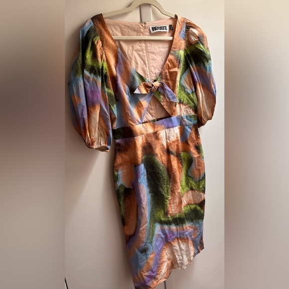 ROTATE Cara Watercolor Print Cutout Puff Sleeve Organic Cotton Dress 8/Medium - Picture 2 of 8